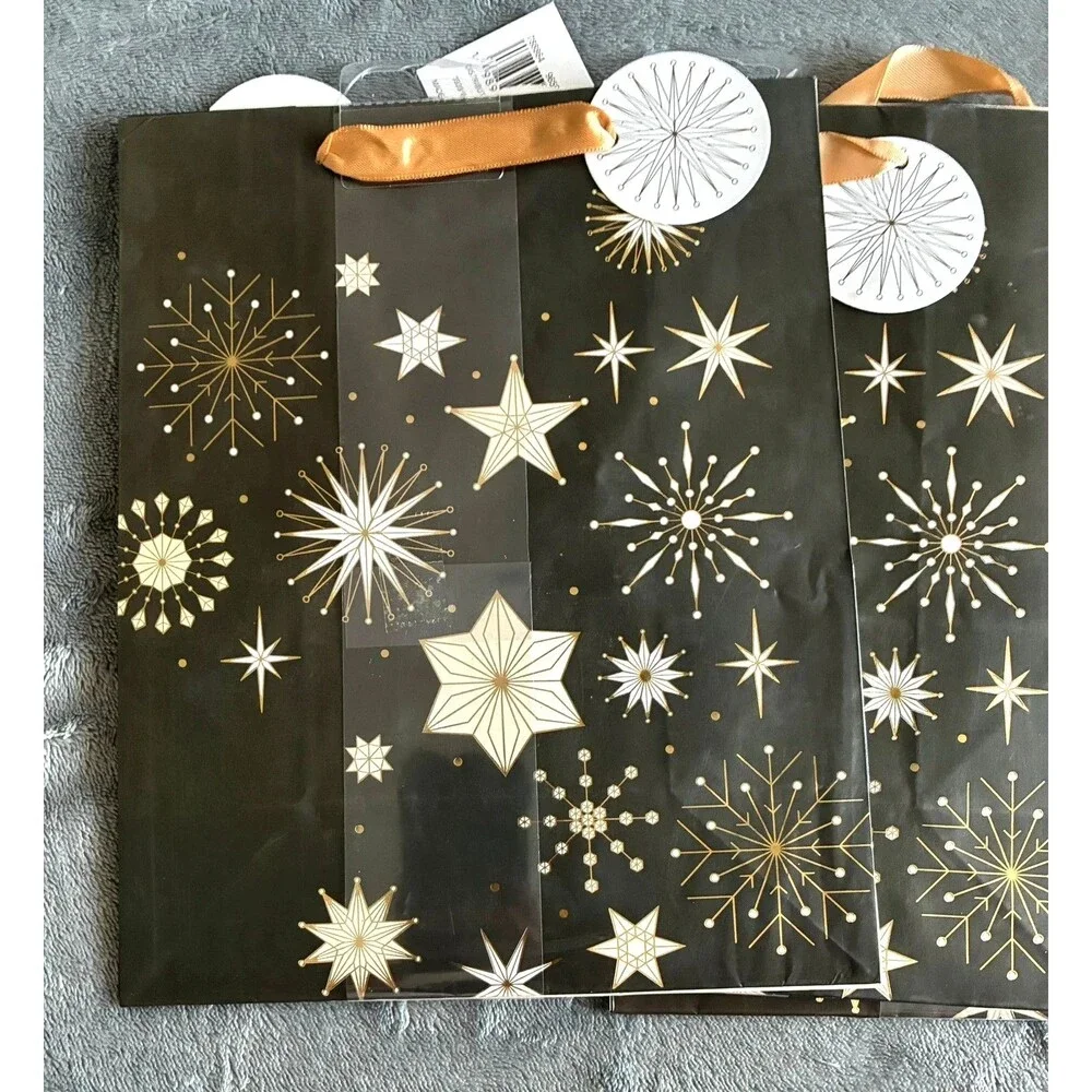 Set of 8 Christmas Gift Bags Gold White Holiday Present Bags 9.5”
